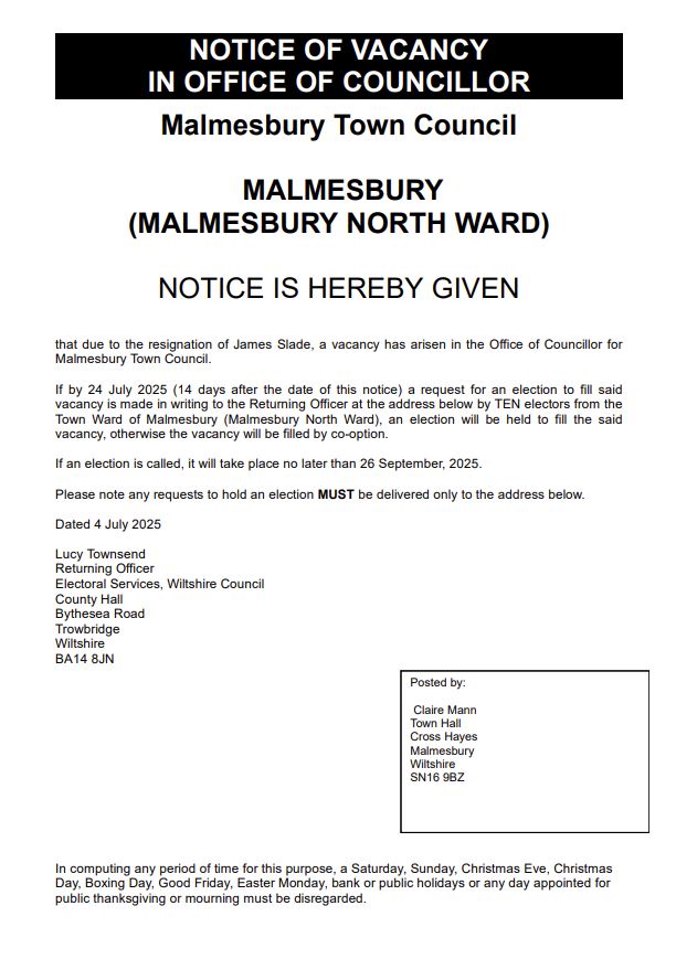 Notice of Vacancy in office of Councillor 