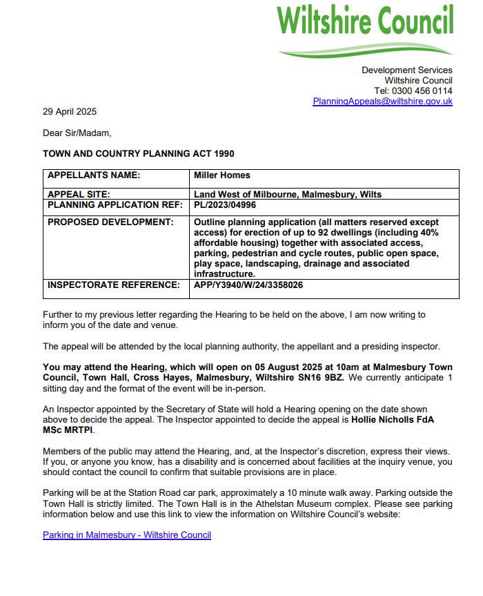 Appeal Hearing - Outward Planning Application - Miller Homes - Land west of Milbourne