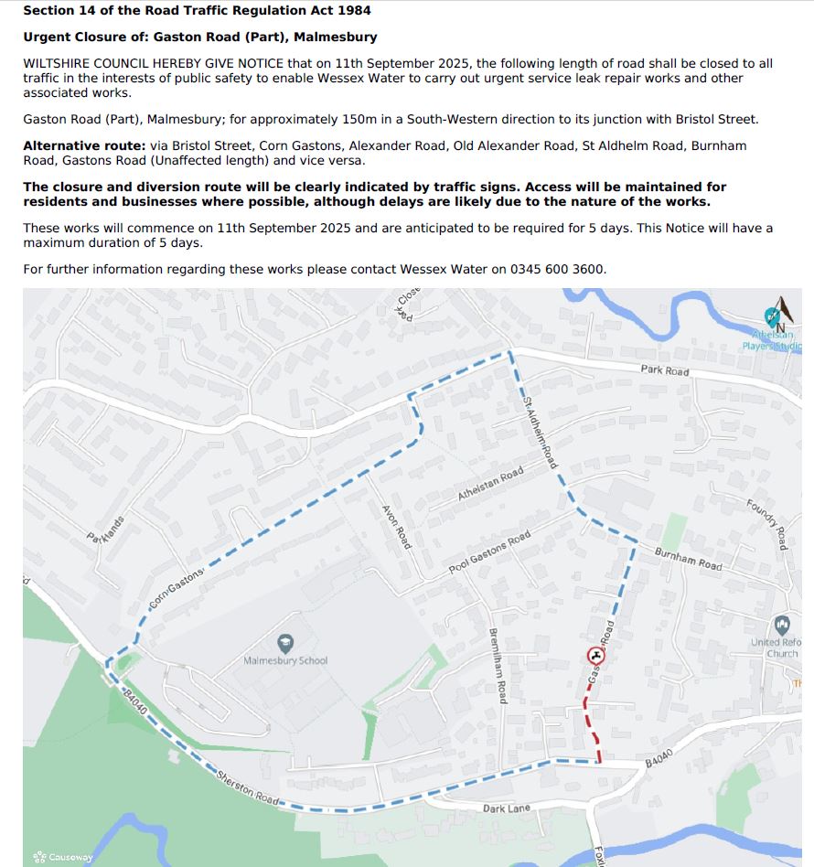  Urgent closure of Gaston Road (Part), Malmesbury – 11/09/25-15/09/25 – Malmesbury Area Board