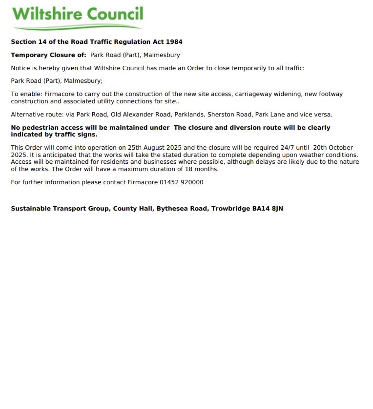 Park Road Closure - 25th August to 20th October 2025