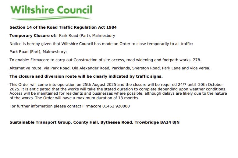 Park Road Closure - 25th August to 20th October 2025