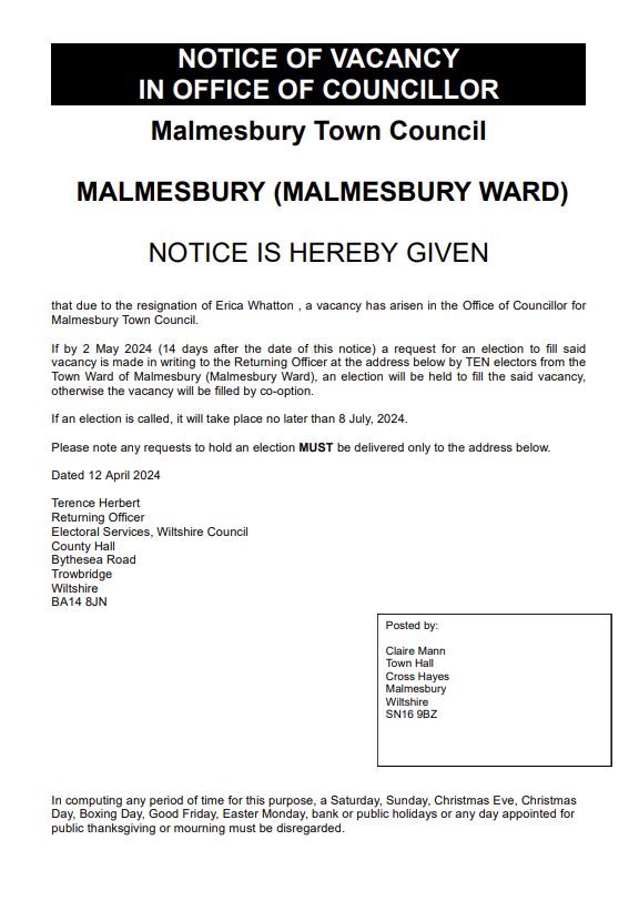 Notice of Vacancy in office of Councillor